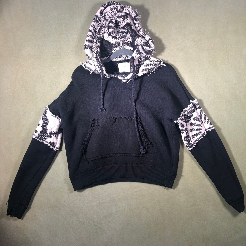 Free People We The Free Hoodie Womens XS Black Ivory Distressed Boho Knit